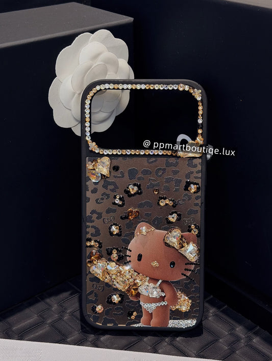 Custom Handmade Bedazzled Dark Brown Leopard Print Kitty Swarovski® Crystal Phone Case