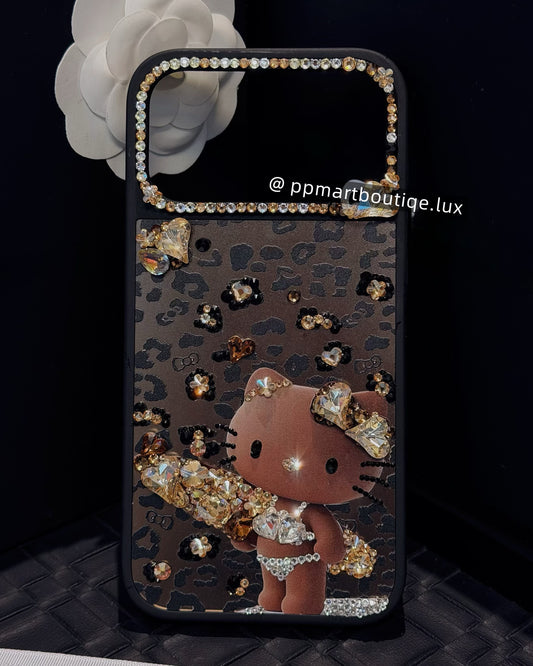 Custom Handmade Bedazzled Dark Brown Leopard Print Kitty Swarovski® Crystal Phone Case